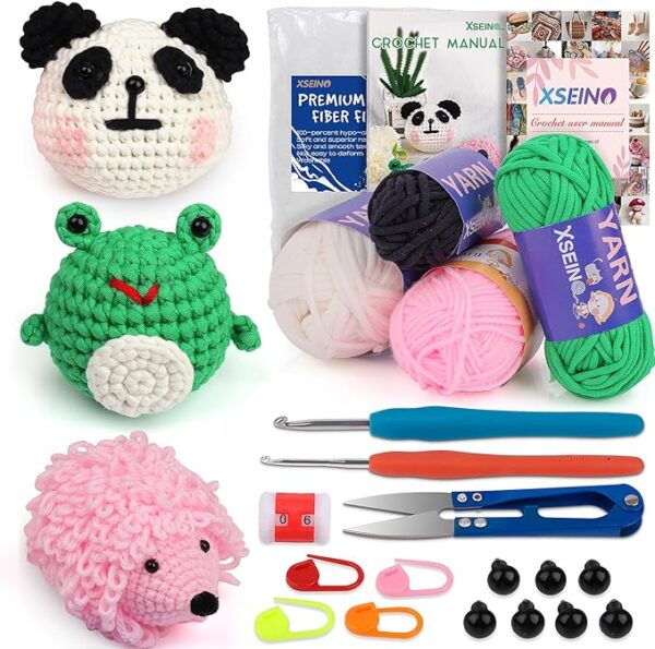 XSEINO Crochet Kit for Beginners - Crochet Start Kit with Step-by-Step Video Tutorials - Learn to Crochet Kits for Adults and Kids - Panda, Frog, Hedgehog