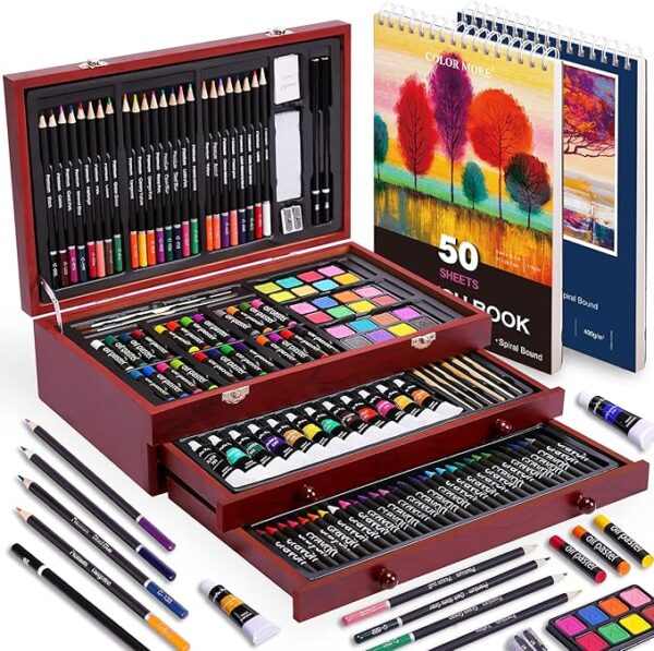 175 Piece Deluxe Art Set with 2 Drawing Pads, Acrylic Paints, Crayons, Colored Pencils, Paint Set in Wooden Case, Professional Art Kit, Art Supplies for Adults, Teens and Artist, WoodMuse Plus