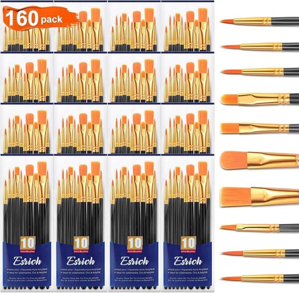 ESRICH Acrylic Paint Brushes Set, 16Packs/160Pcs, Nylon Brush Head, Suitable for Acrylic,Oil,Watercolor,Rock Body Face Nail Art,Perfect Suit of Art Painting,Best Gift for Kids Adult Drawing(Black)